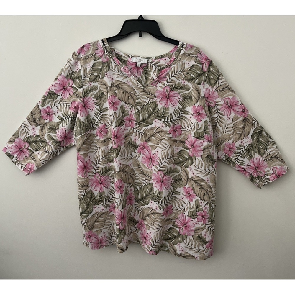 Coral Bay Women's Linen Blend Floral Blouse 2X Coastal Cottagecore Grandma Chic